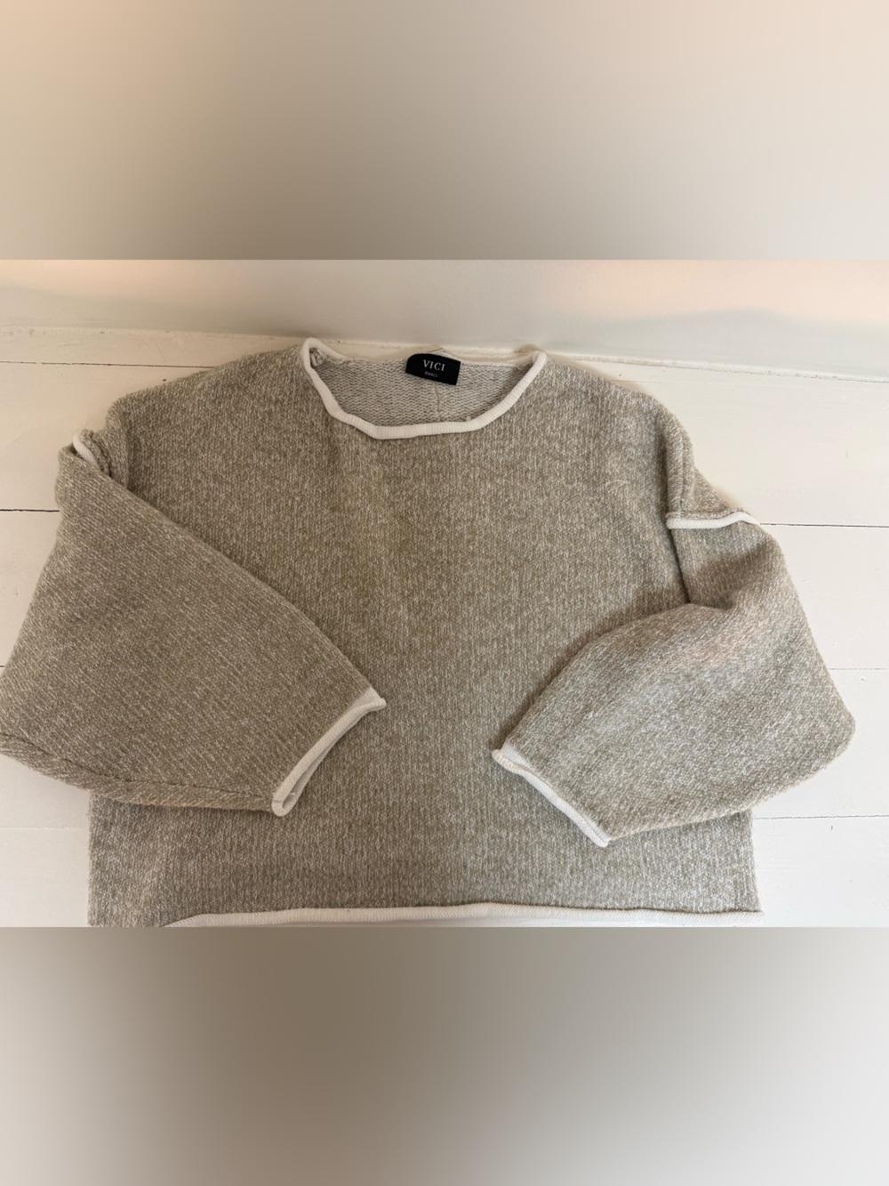 VICI Heathered Taupe Crewneck Sweater with Cream Trim